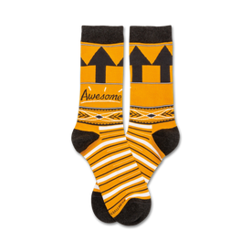 orange, black, and gray striped crew socks with black band featuring "awesome" in orange print.   