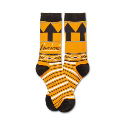 orange, black, and gray striped crew socks with black band featuring "awesome" in orange print.   