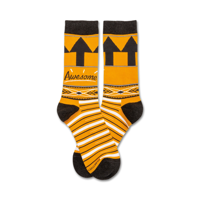 orange, black, and gray striped crew socks with black band featuring 