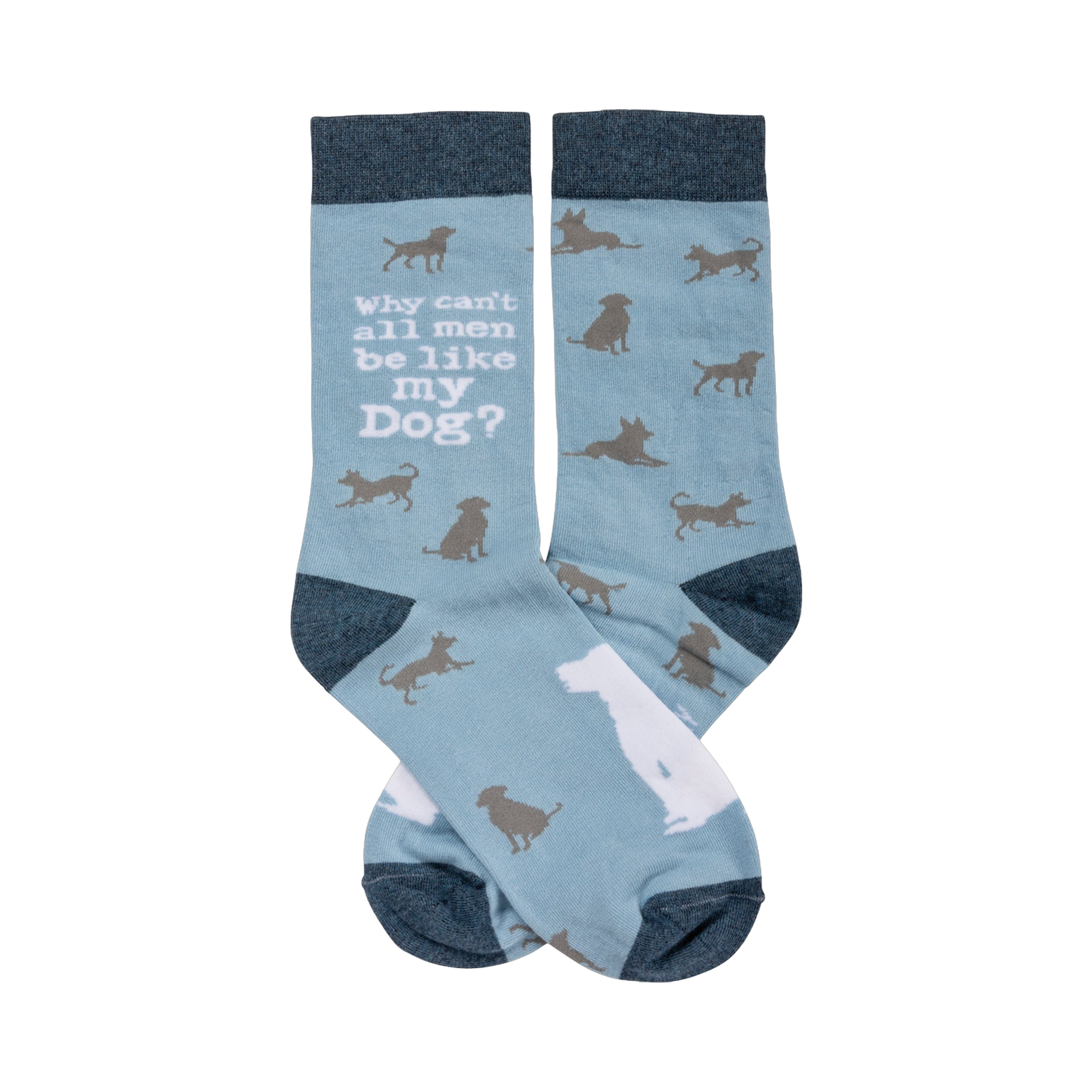 Crew socks in light blue with a grey dog pattern. Text on the sock reads: Why can't all men be like my Dog?