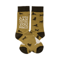 Crew socks in mustard yellow with dark brown cuffs.  Feature a repeating pattern of dark brown dog silhouettes and the message 'A DOG CAN change the way YOU see the world'.