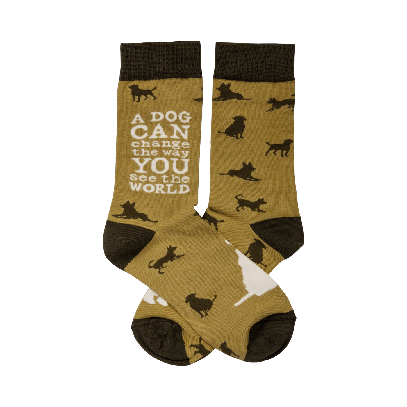 Crew socks in mustard yellow with dark brown cuffs.  Feature a repeating pattern of dark brown dog silhouettes and the message 'A DOG CAN change the way YOU see the world'.