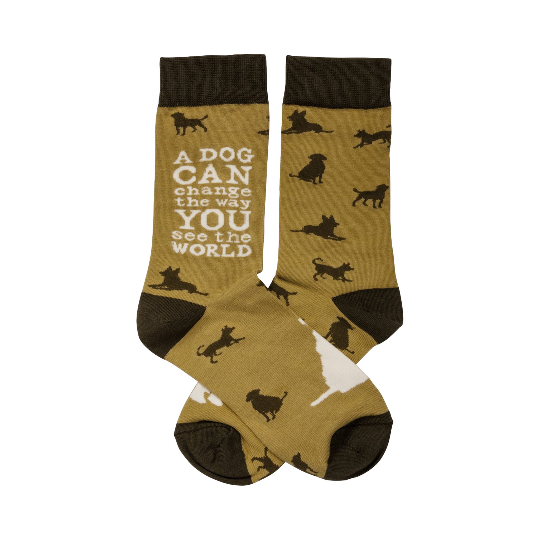 Crew socks in mustard yellow with dark brown cuffs.  Feature a repeating pattern of dark brown dog silhouettes and the message 'A DOG CAN change the way YOU see the world'.