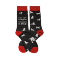 Crew socks in dark gray with red cuffs.  White dog silhouettes and the text 'I'm not single I have a Dog' are printed on the socks.