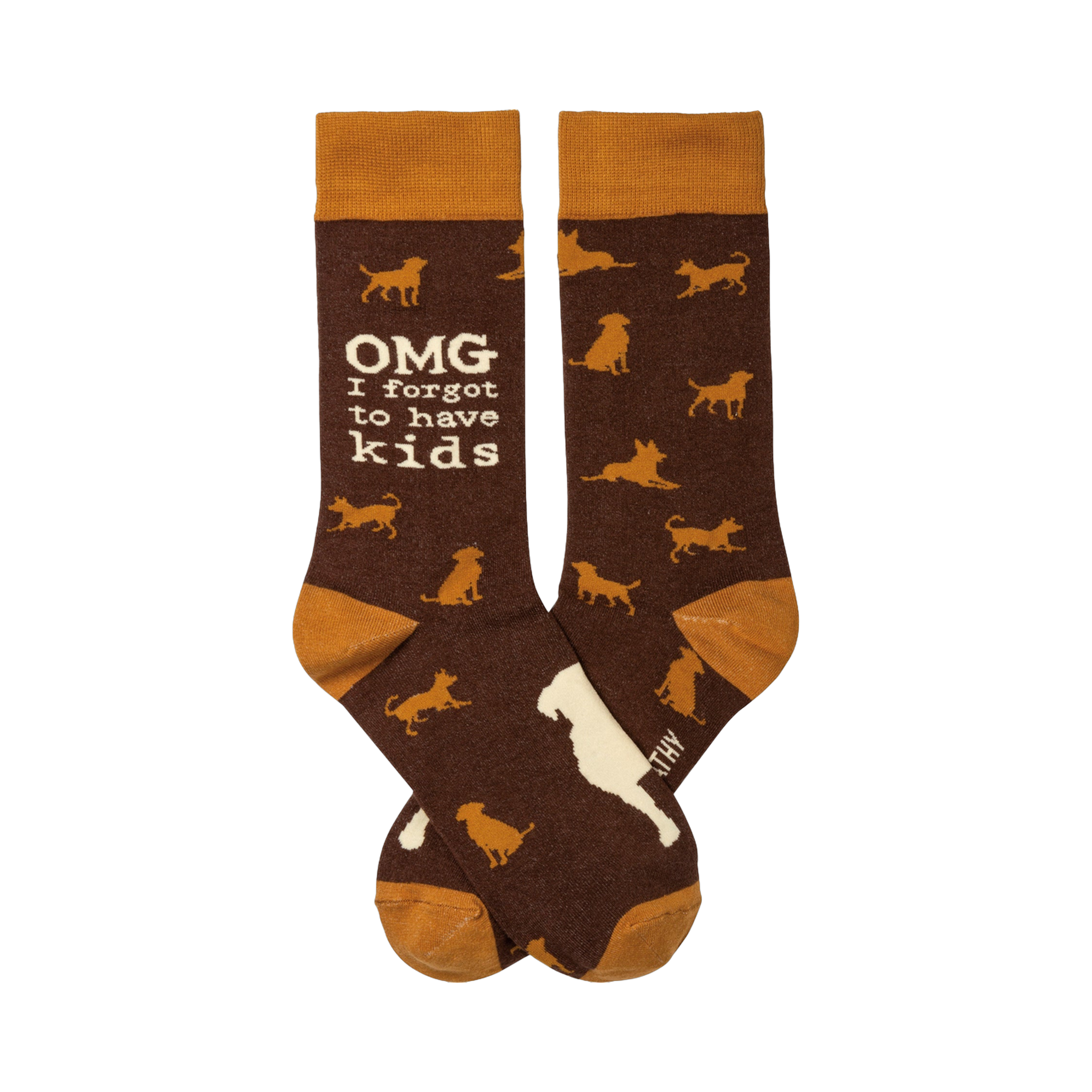 Crew socks in dark brown and mustard yellow.  A repeating pattern of small dog silhouettes is visible. The text "OMG I forgot to have kids" is printed on the socks.
