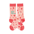 Crew socks in pink with a red star and unicorn pattern. The text 'Today I'm a Unicorn' is featured.