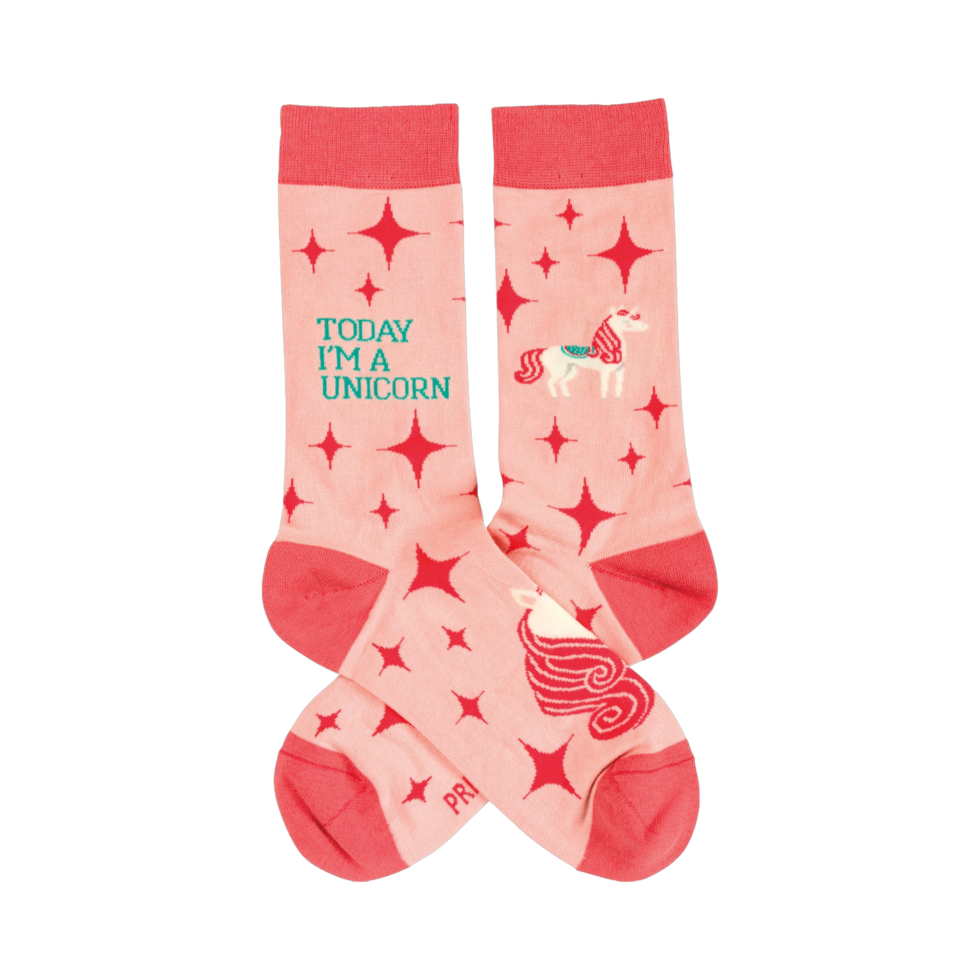 Crew socks in pink with a red star and unicorn pattern. The text 'Today I'm a Unicorn' is featured.