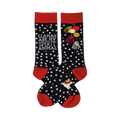 A pair of navy blue crew socks with white polka dots and red cuffs.  One sock features a llama and the text 'Llamas Are My Spirit Animal'.