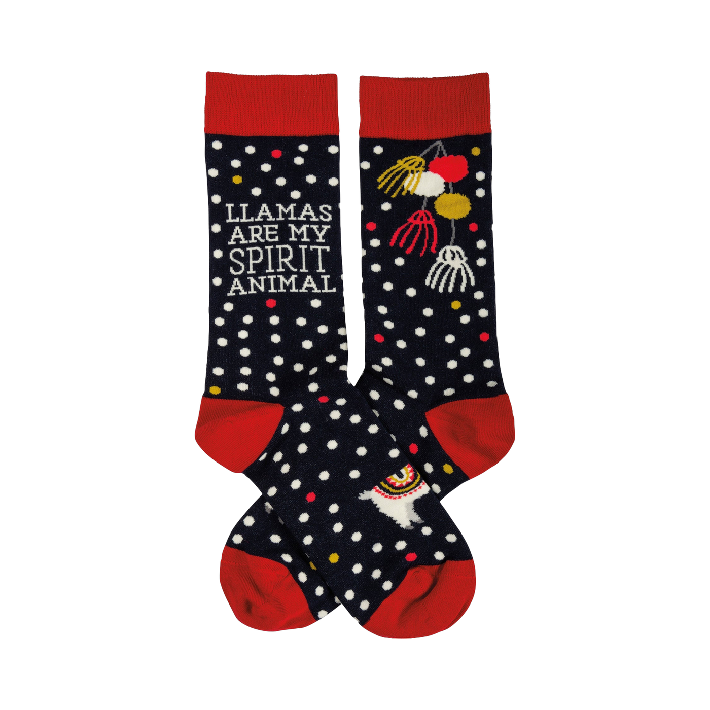 A pair of navy blue crew socks with white polka dots and red cuffs.  One sock features a llama and the text 'Llamas Are My Spirit Animal'.