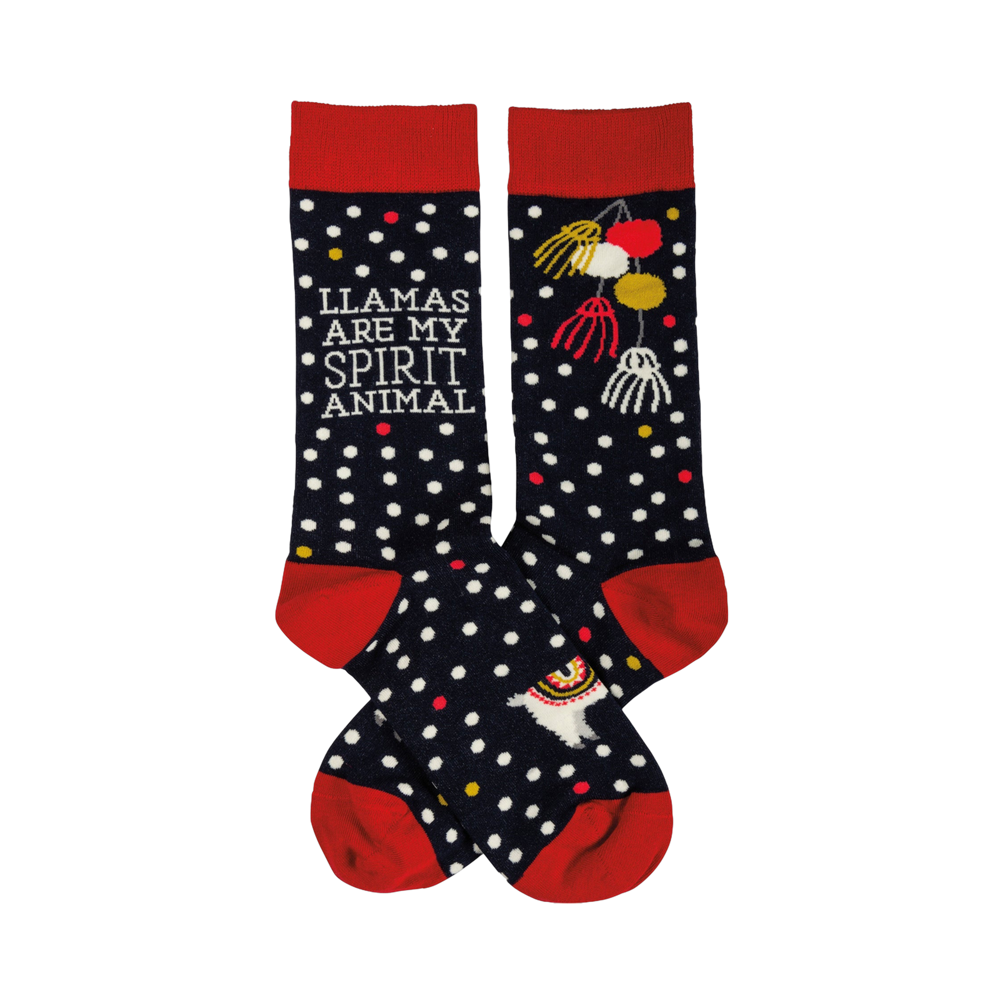 A pair of navy blue crew socks with white polka dots and red cuffs.  One sock features a llama and the text 'Llamas Are My Spirit Animal'.