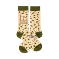 Cream-colored crew socks with olive green cuffs. Features a sleepy sloth and the phrase 'I'm Tired Therefore I Will'.
