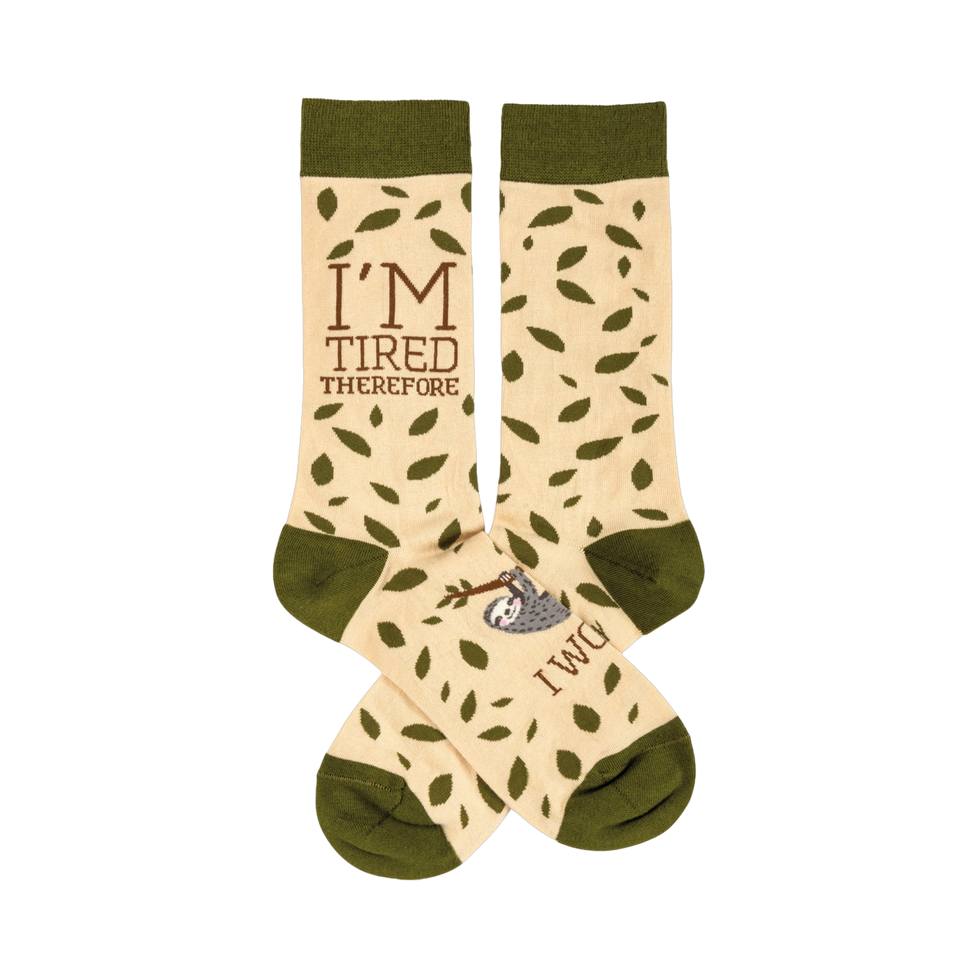 Cream-colored crew socks with olive green cuffs. Features a sleepy sloth and the phrase 'I'm Tired Therefore I Will'.