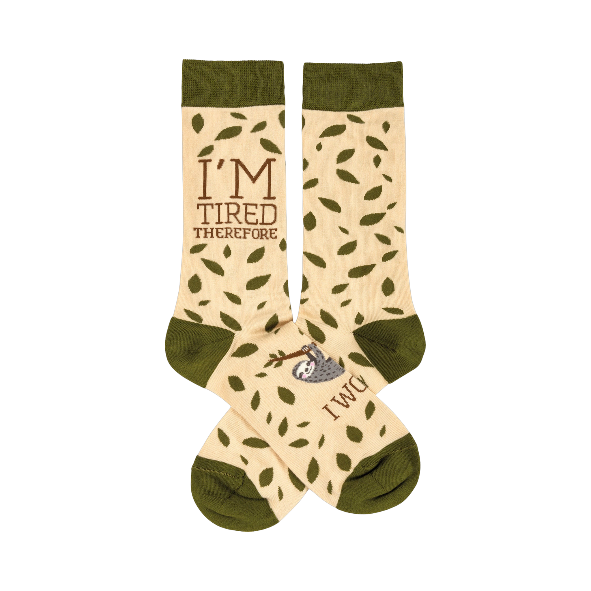Cream-colored crew socks with olive green cuffs. Features a sleepy sloth and the phrase 'I'm Tired Therefore I Will'.