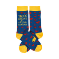Crew socks in blue with red hearts and yellow cuffs.  The text 'Tacos Are My Love Language' is visible on one sock.