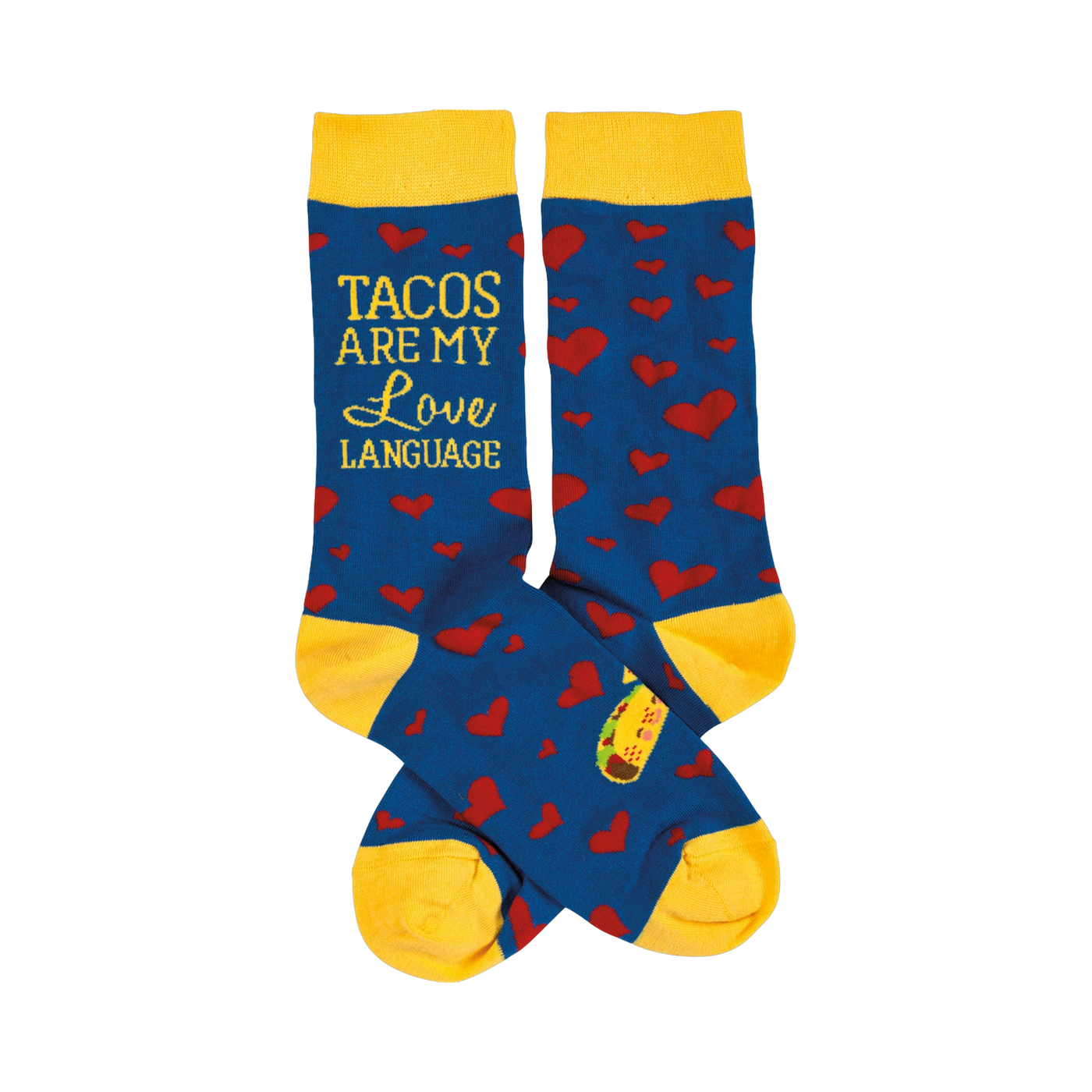 Crew socks in blue with red hearts and yellow cuffs.  The text 'Tacos Are My Love Language' is visible on one sock.