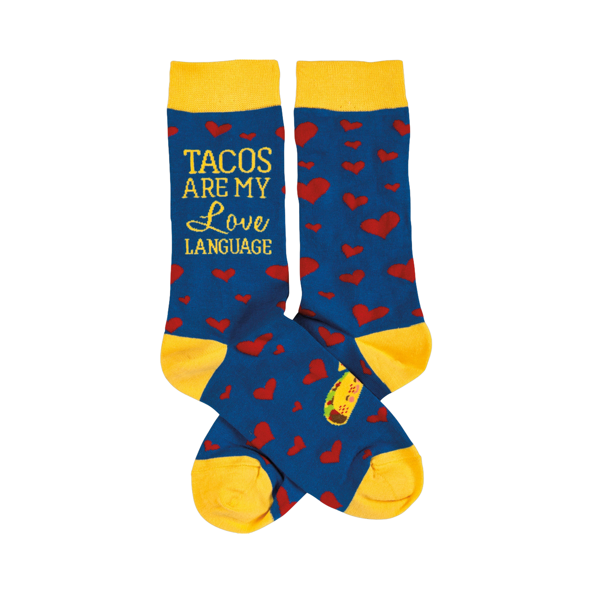 Crew socks in blue with red hearts and yellow cuffs.  The text 'Tacos Are My Love Language' is visible on one sock.