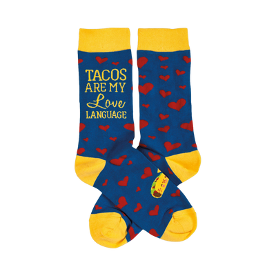 Crew socks in blue with red hearts and yellow cuffs.  The text 'Tacos Are My Love Language' is visible on one sock.