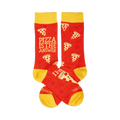 Crew socks, red with yellow cuffs.  Pizza slices are scattered across a red background. Text on one sock says 'Pizza is the answer'.