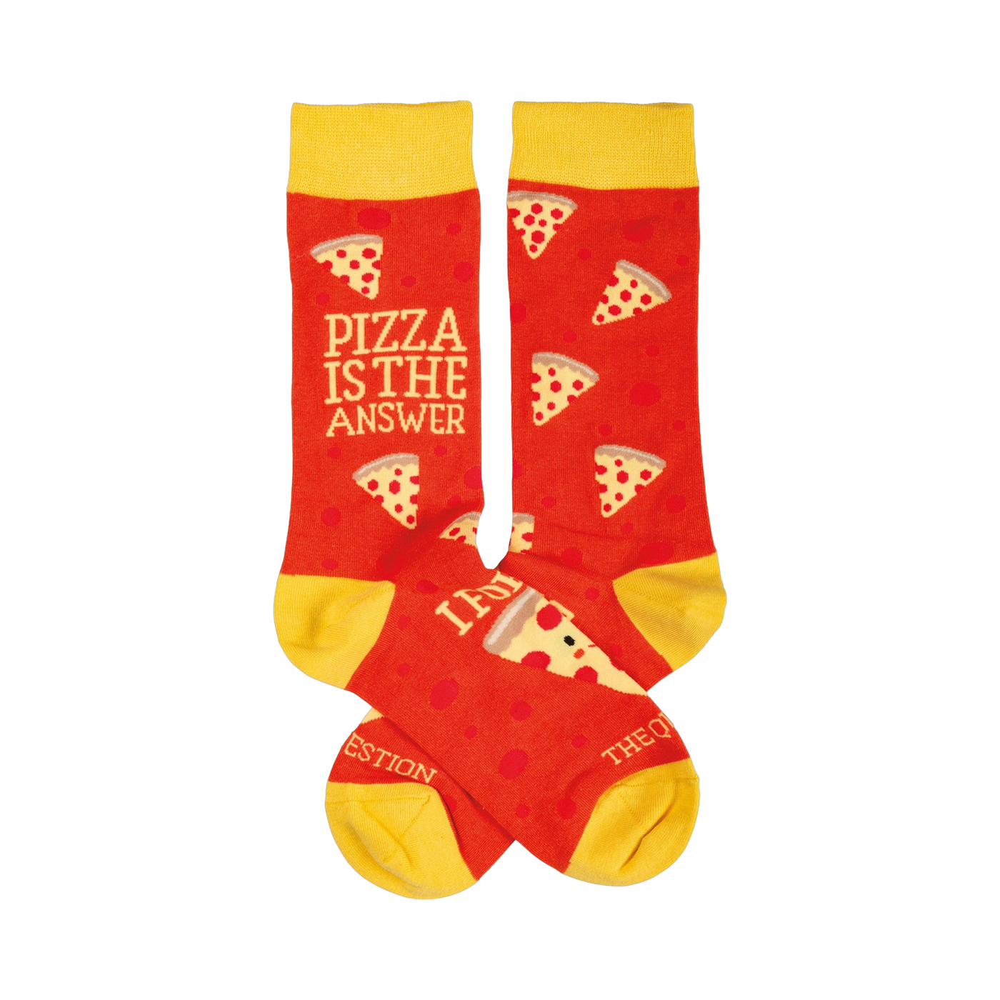 Crew socks, red with yellow cuffs.  Pizza slices are scattered across a red background. Text on one sock says 'Pizza is the answer'.