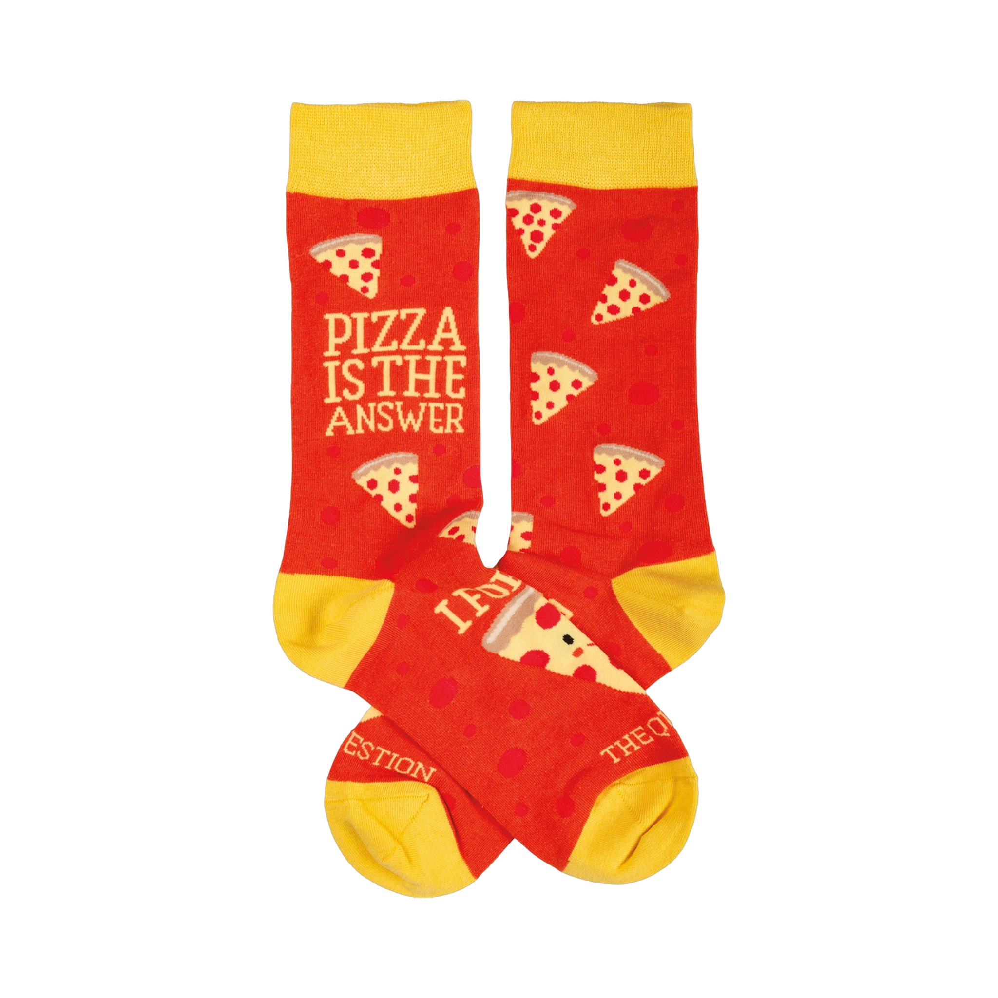 Crew socks, red with yellow cuffs.  Pizza slices are scattered across a red background. Text on one sock says 'Pizza is the answer'.