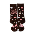 Brown crew socks with pink and white polka dots and the phrase "Coffee Boss" printed on them. Coffee cup design element.