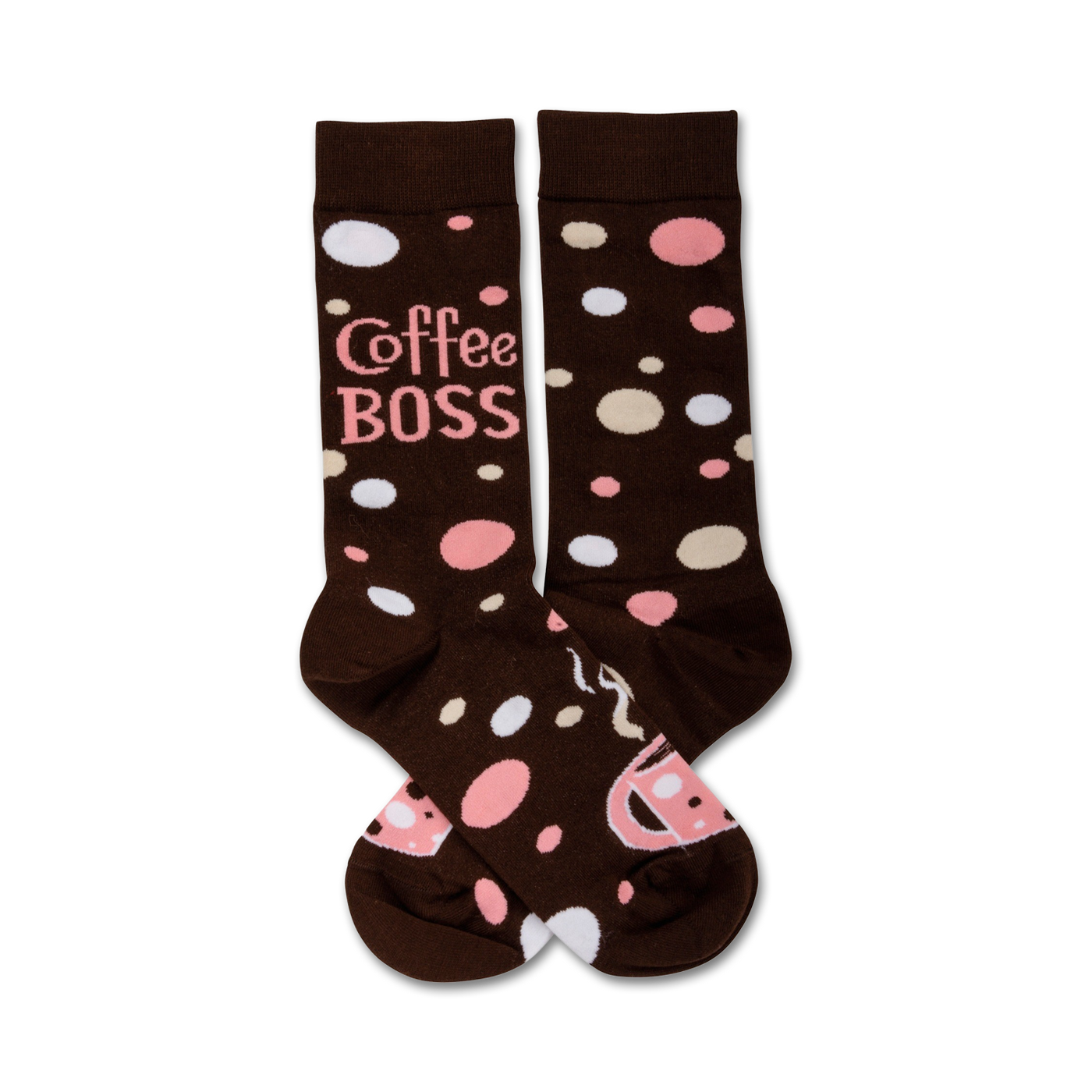 Brown crew socks with pink and white polka dots and the phrase "Coffee Boss" printed on them. Coffee cup design element.