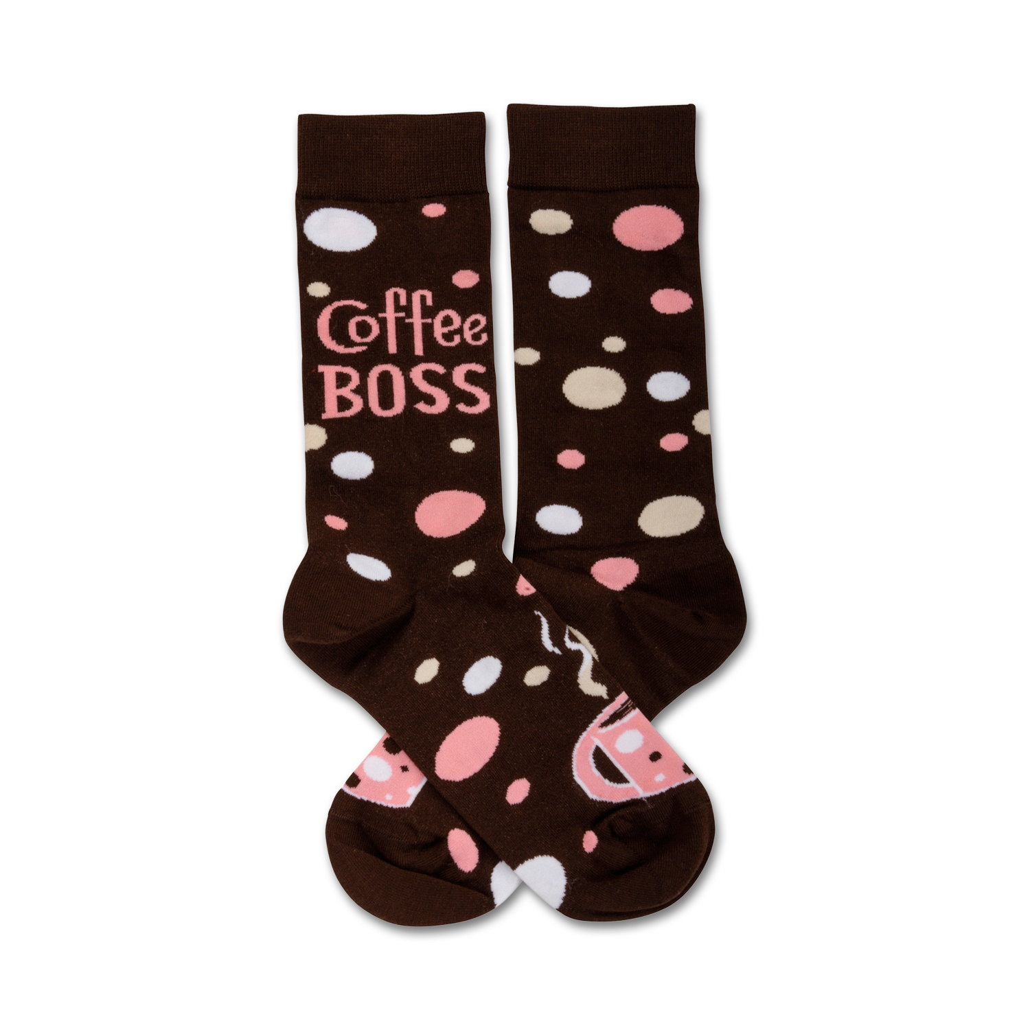 Brown crew socks with pink and white polka dots and the phrase "Coffee Boss" printed on them. Coffee cup design element.