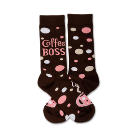 pink and white polka dot brown coffee boss socks with picture of pink coffee mug on right sock.  