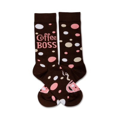 pink and white polka dot brown coffee boss socks with picture of pink coffee mug on right sock.  