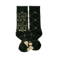 Pair of dark green crew socks. One sock features the text "I work hard so my dog can have a better life." The other sock has a repeating pattern of beige paw prints connected by thin red lines.