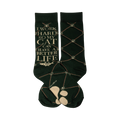 Pair of dark green crew socks. One sock features the text 'I work hard so my cat can have a better life' and a small fish image.  A repeating paw print and crisscross pattern is visible on both socks.