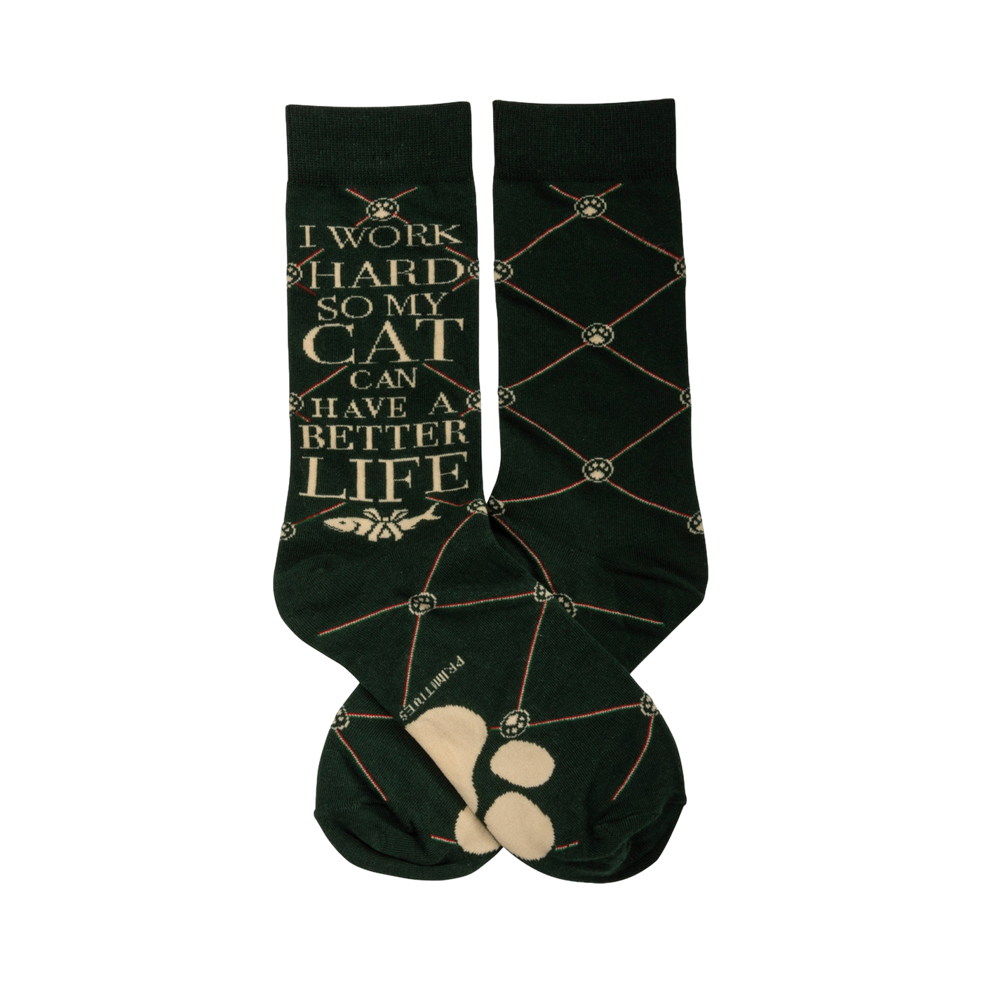 Pair of dark green crew socks. One sock features the text 'I work hard so my cat can have a better life' and a small fish image.  A repeating paw print and crisscross pattern is visible on both socks.