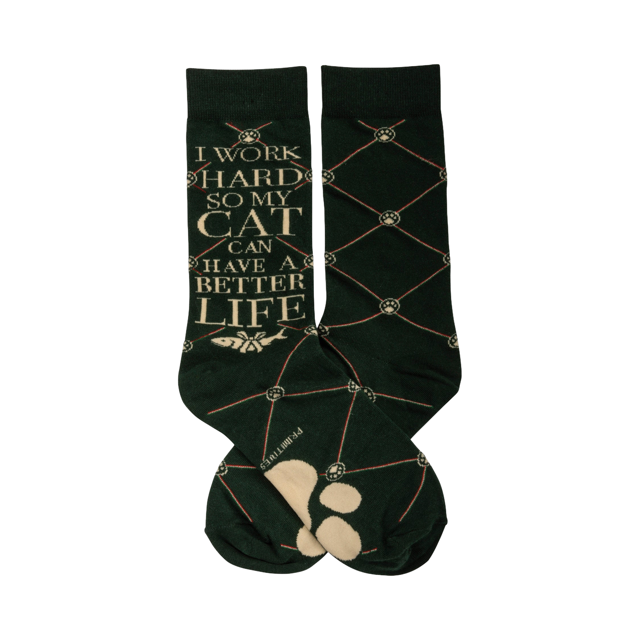 Pair of dark green crew socks. One sock features the text 'I work hard so my cat can have a better life' and a small fish image.  A repeating paw print and crisscross pattern is visible on both socks.
