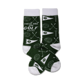 A pair of dark green crew socks with a white pattern of golf balls, clubs, tees, and pennants. The socks also say 'These are my golf socks'.