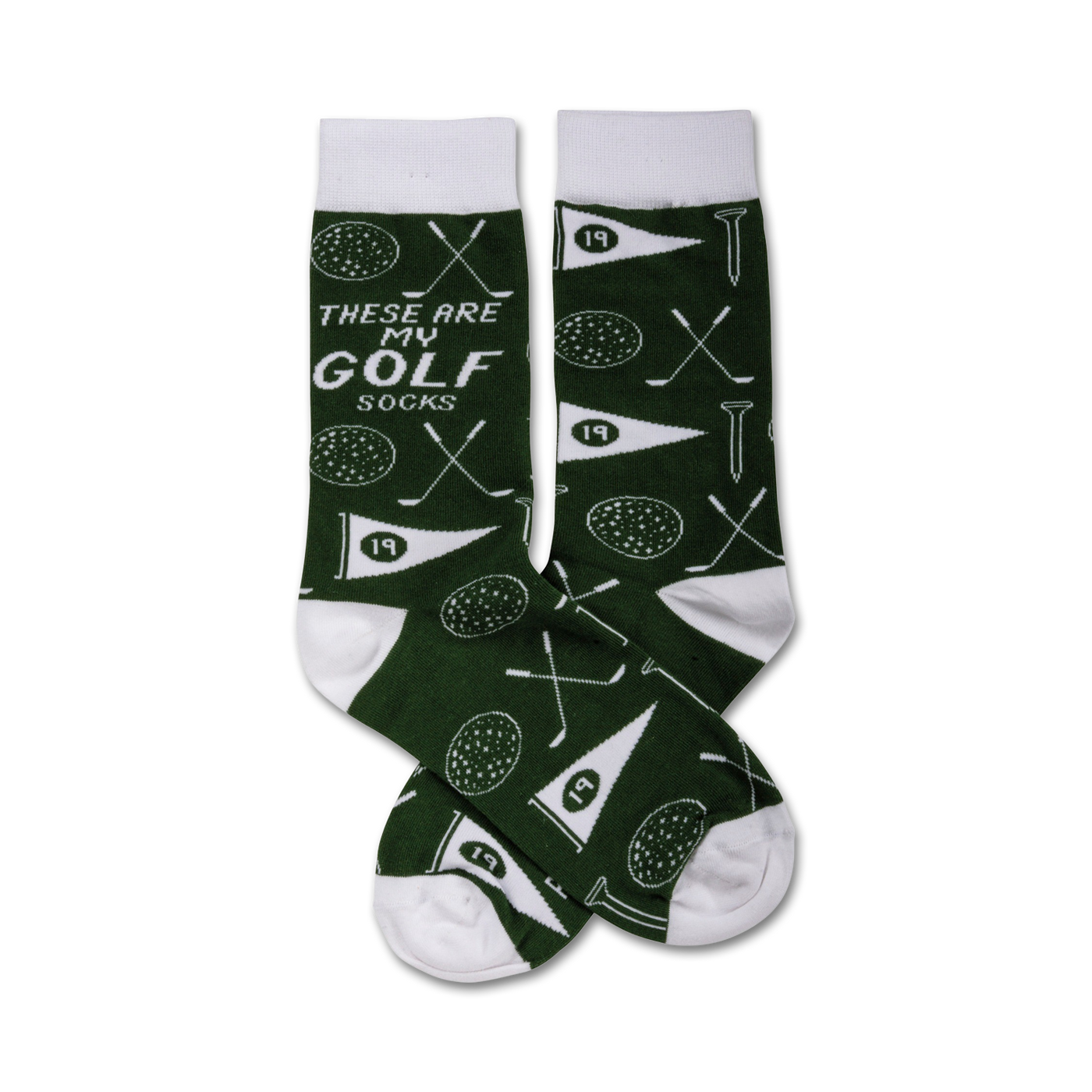 A pair of dark green crew socks with a white pattern of golf balls, clubs, tees, and pennants. The socks also say 'These are my golf socks'.