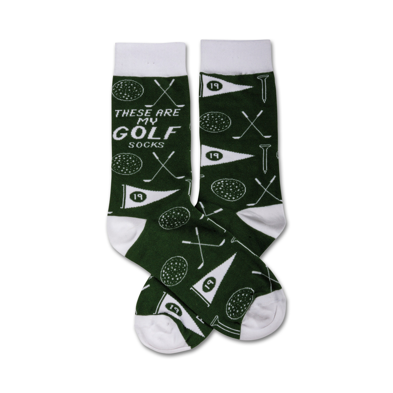 A pair of dark green crew socks with a white pattern of golf balls, clubs, tees, and pennants. The socks also say 'These are my golf socks'.