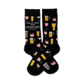 Pair of black crew socks featuring repeating illustrations of wine glasses, beer mugs, and cocktail glasses in pink and yellow.