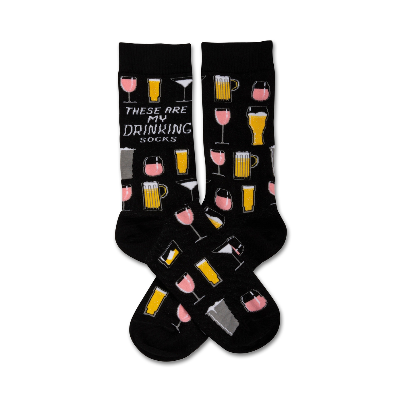 Pair of black crew socks featuring repeating illustrations of wine glasses, beer mugs, and cocktail glasses in pink and yellow.