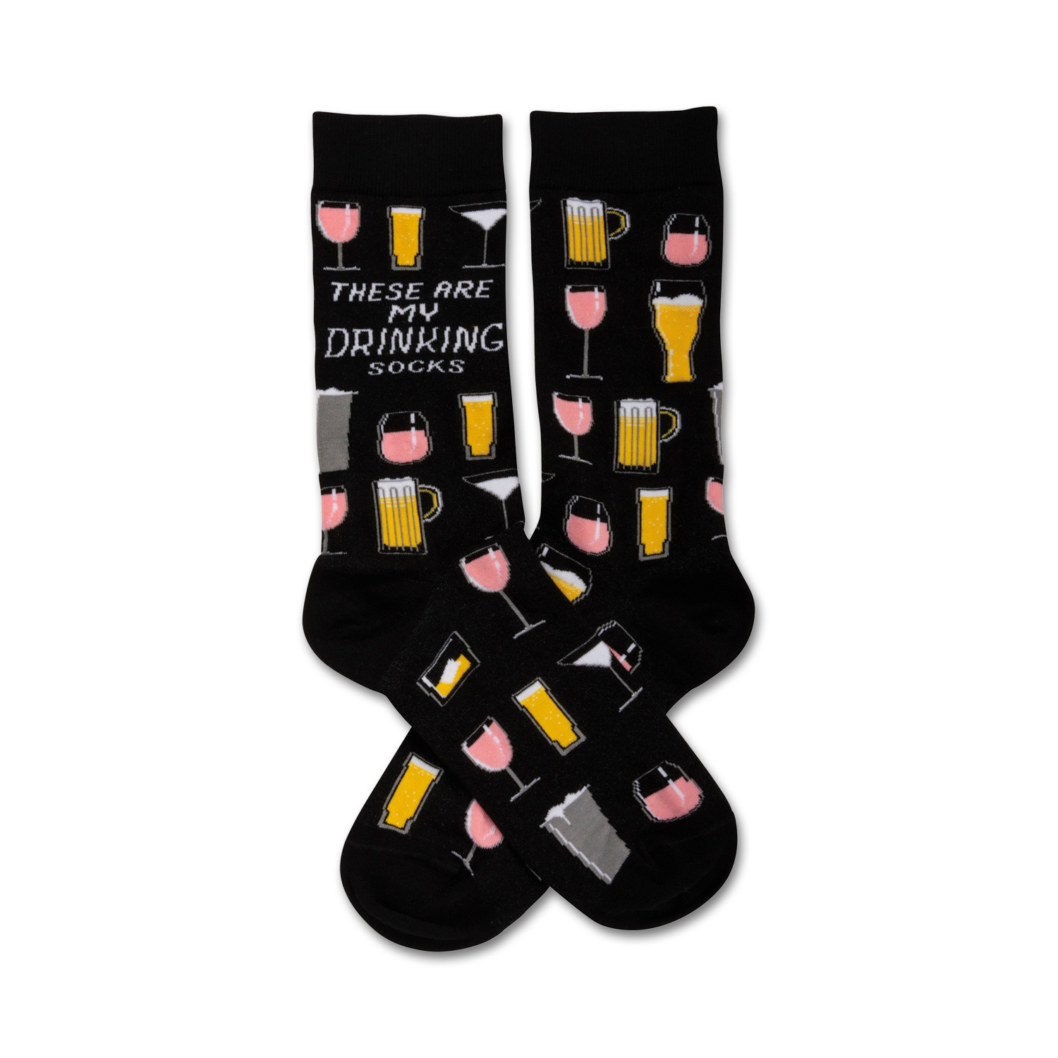 Pair of black crew socks featuring repeating illustrations of wine glasses, beer mugs, and cocktail glasses in pink and yellow.