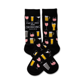  black crew socks with a pattern of alcoholic drinks and the words "these are my drinking socks" written on the top.  