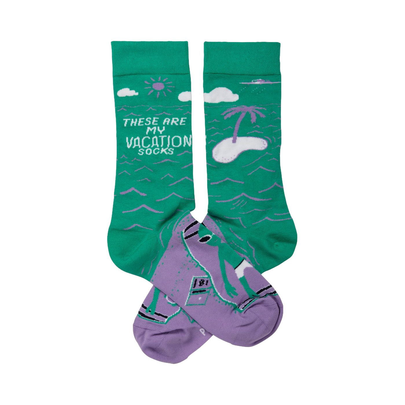 Crew socks in teal green and lavender purple.  Design includes a beach scene with a palm tree, sun, and a person surfing.