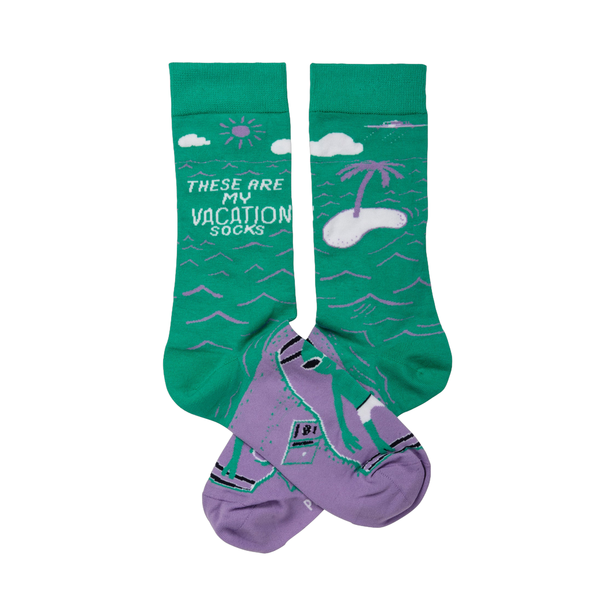 Crew socks in teal green and lavender purple.  Design includes a beach scene with a palm tree, sun, and a person surfing.