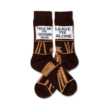 women's crew socks with all-over book print, "these are my reading socks" label, and "leave me alone" text on right sock.  