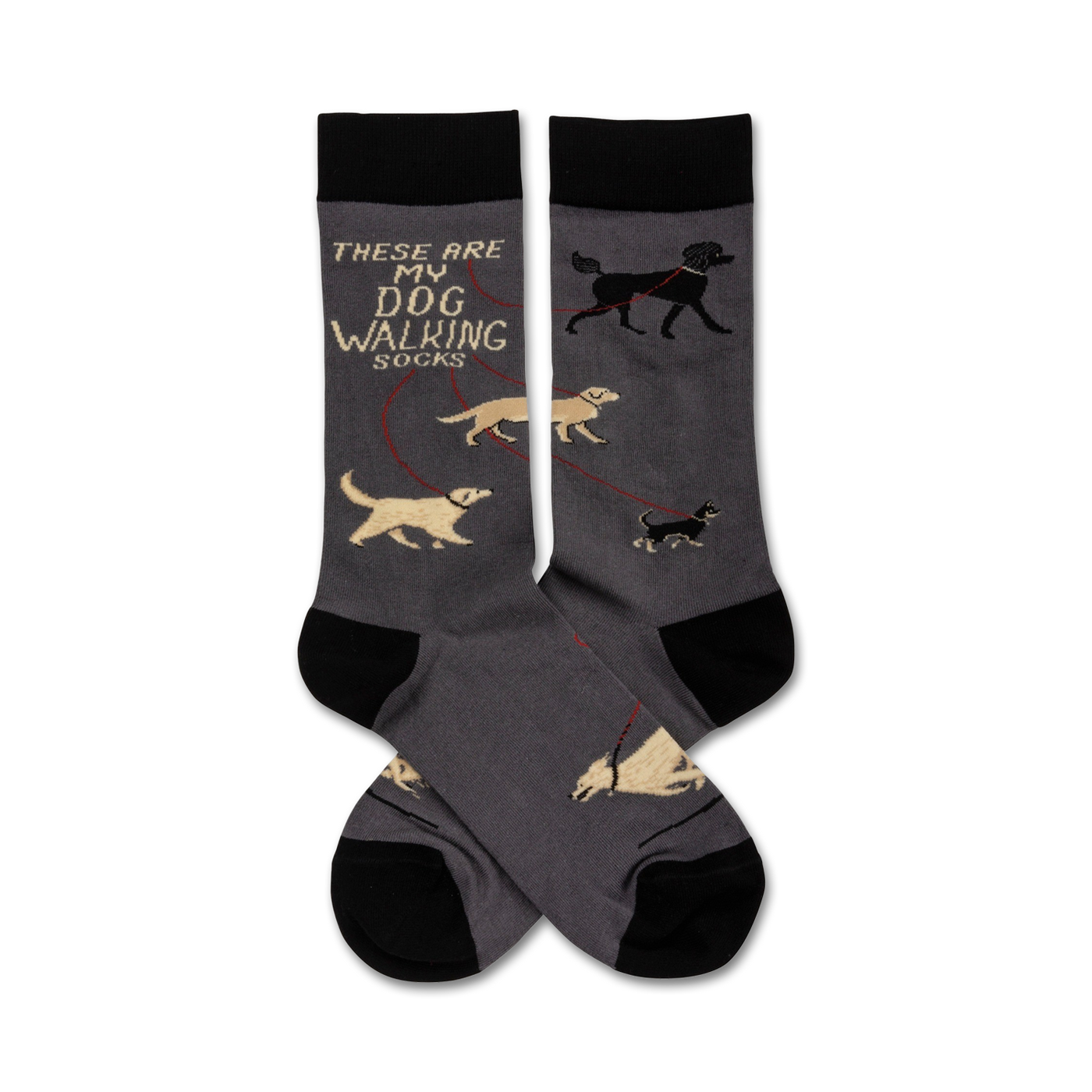 Gray crew socks with a black toe and cuff.  The socks show multiple dogs of different breeds on leashes with the text 'These Are My Dog Walking Socks'.