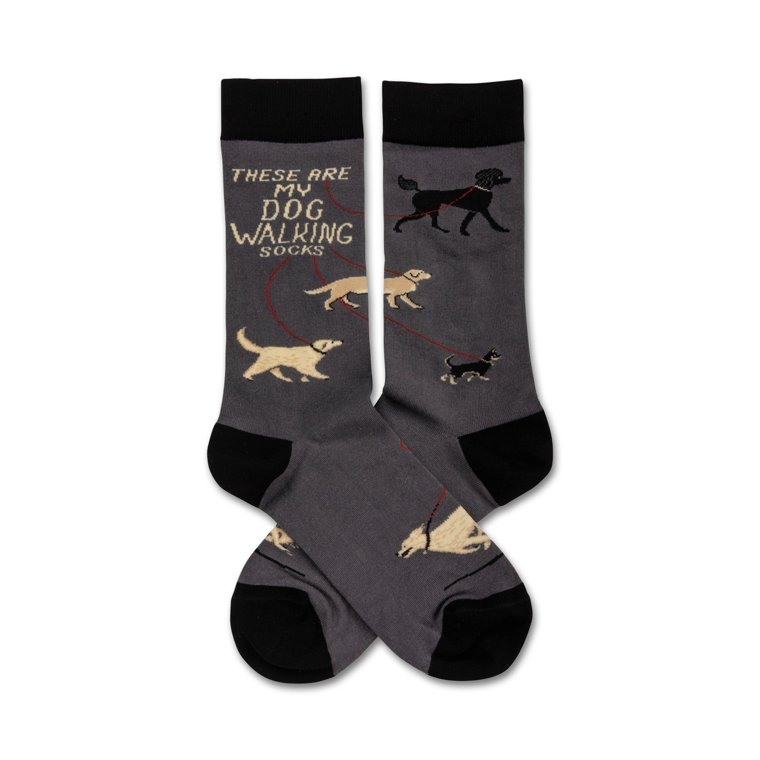 Gray crew socks with a black toe and cuff.  The socks show multiple dogs of different breeds on leashes with the text 'These Are My Dog Walking Socks'.