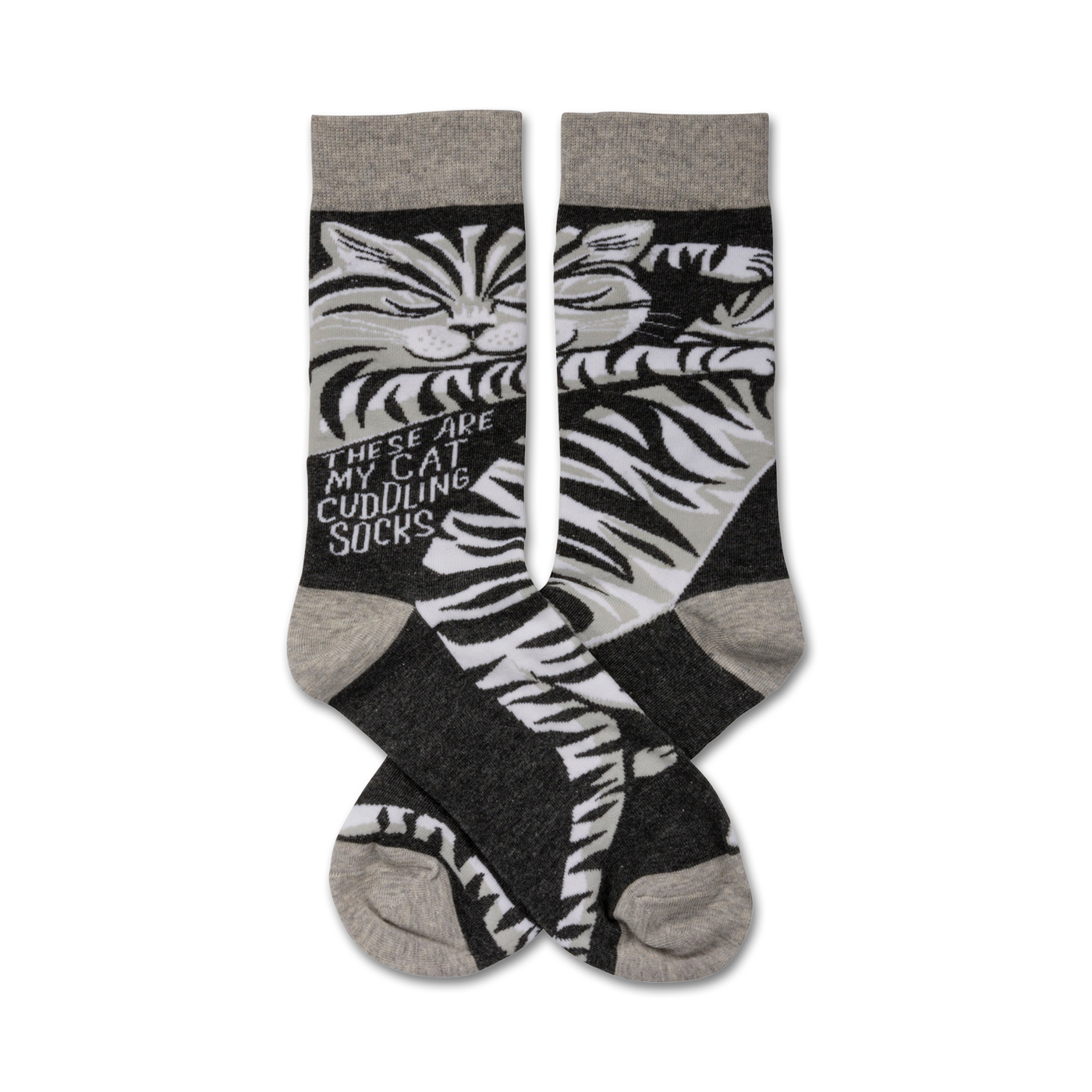 Pair of crew socks featuring a black and white cat design on a dark gray background. The text 'These are my cat cuddling socks' is printed on the side.