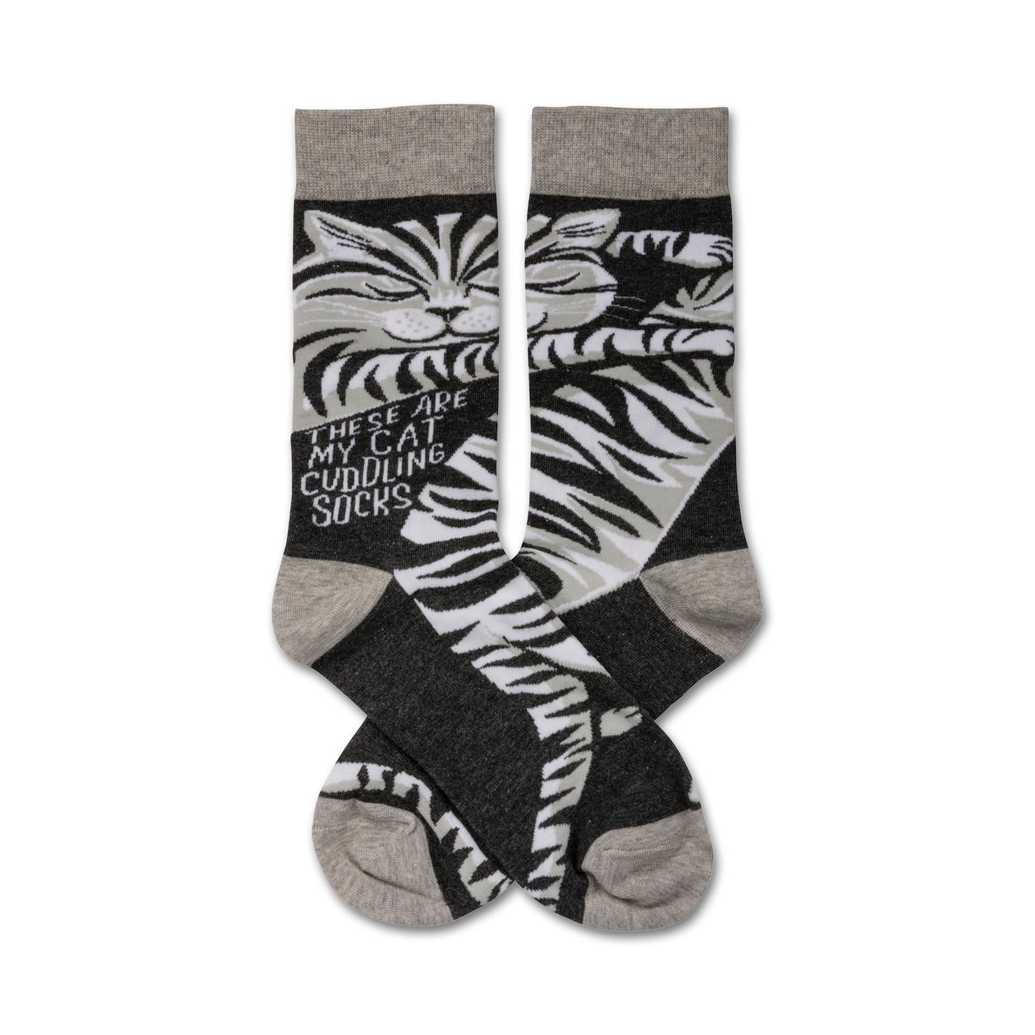 Pair of crew socks featuring a black and white cat design on a dark gray background. The text 'These are my cat cuddling socks' is printed on the side.