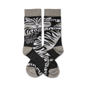black and gray crew socks feature image of tabby cat cuddling and saying "these are my cat cuddling socks."   