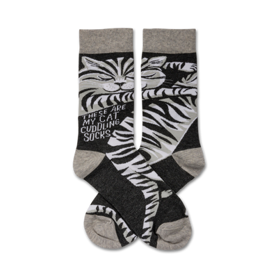 black and gray crew socks feature image of tabby cat cuddling and saying "these are my cat cuddling socks."   