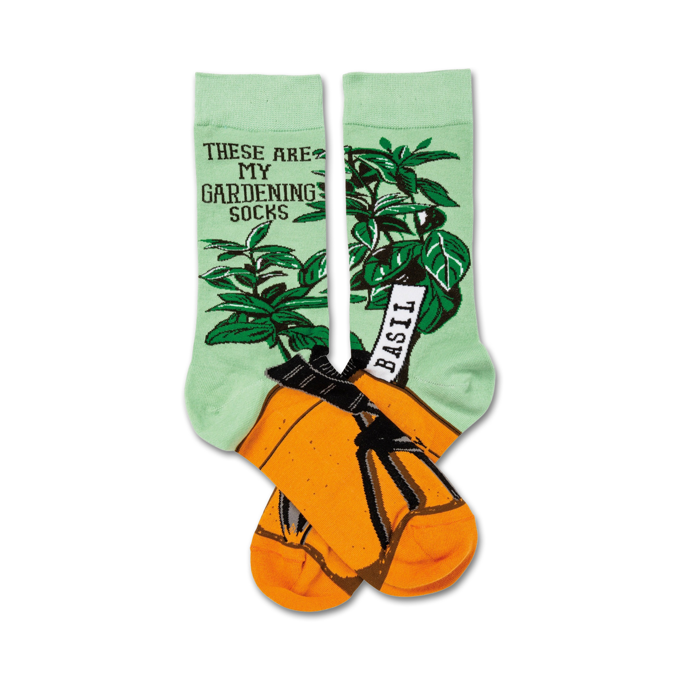 A pair of crew socks. One sock is mint green with a basil plant illustration, the other is orange with a gardening pot design. Both socks say 'These are my gardening socks'.